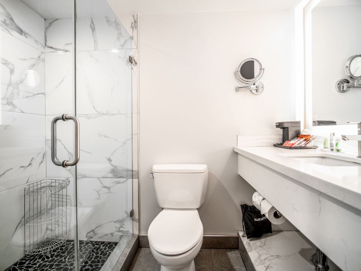 The image shows a modern bathroom with a glass-enclosed shower, a toilet, and a vanity with a sink and mirror.