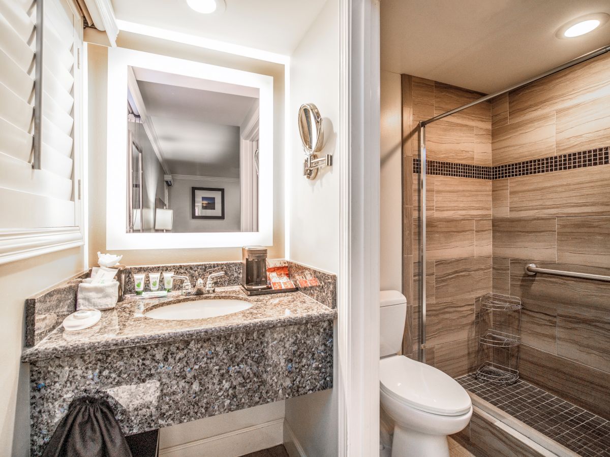 This image shows a modern bathroom with a granite countertop, a mirror, toiletries, a toilet, and a shower area with tiled walls and a glass door.