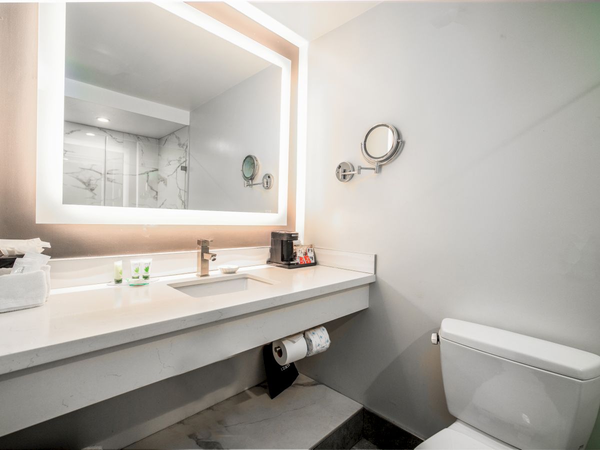 A modern bathroom with a lighted mirror, sink with toiletries, mounted makeup mirror, toilet, toilet paper holder, and a view of the shower area.