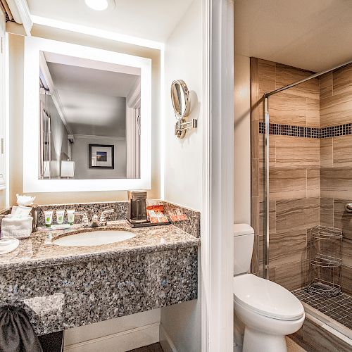 This image shows a modern bathroom with a granite countertop, vanity mirror, toilet, and a walk-in shower with glass doors and wood-tiled walls.