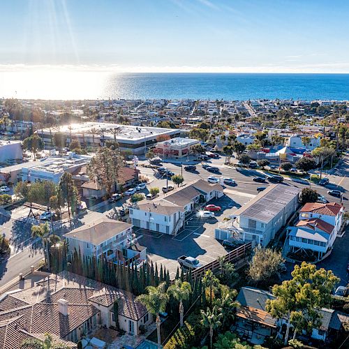 An aerial view of a coastal town with residential buildings, palm trees, and the ocean in the background shining under the bright sunlight.