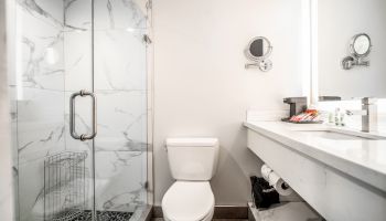 This image shows a modern bathroom with a glass shower, a toilet, and a marble countertop with a sink and toiletries.