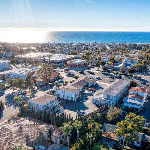 This image shows an aerial view of a coastal town with houses, buildings, palm trees, and a visible ocean skyline under a clear blue sky.